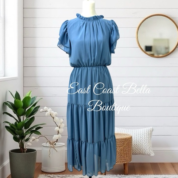 HAPTICS Coastal Blue Maxi Dress Side Pockets Ruffle Short Sleeve Spring Summer - Picture 8 of 14